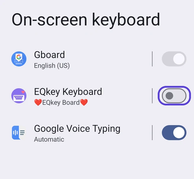 The on-screen keyboard list with the EQkey switch highlighted