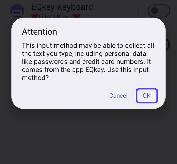 The Android Attention prompt with OK highlighted