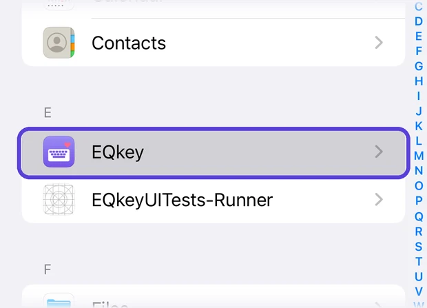 The Apps list with EQkey highlighted under the letter E