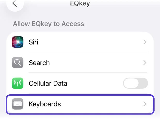 The EQkey settings page with the Keyboards row highlighted