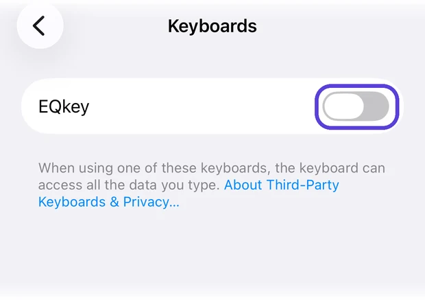The Keyboards screen with the EQkey switch highlighted