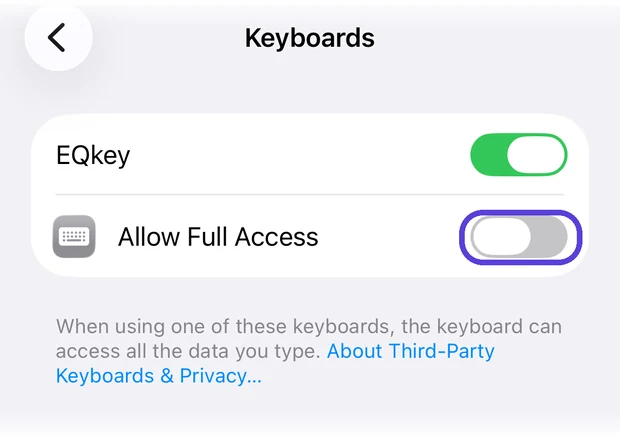 The Allow Full Access switch appearing below EQkey
