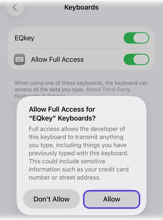 The iOS confirmation dialog with the Allow button highlighted