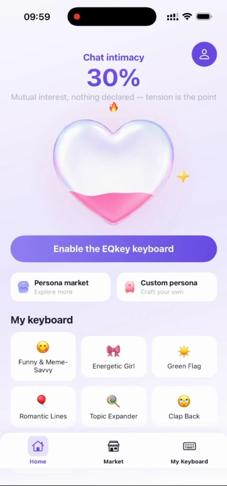 The EQkey home screen showing the chat intimacy dial
