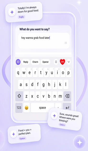 The EQkey keyboard open in a chat, showing the Reply, Charm and Opener tabs above the keys