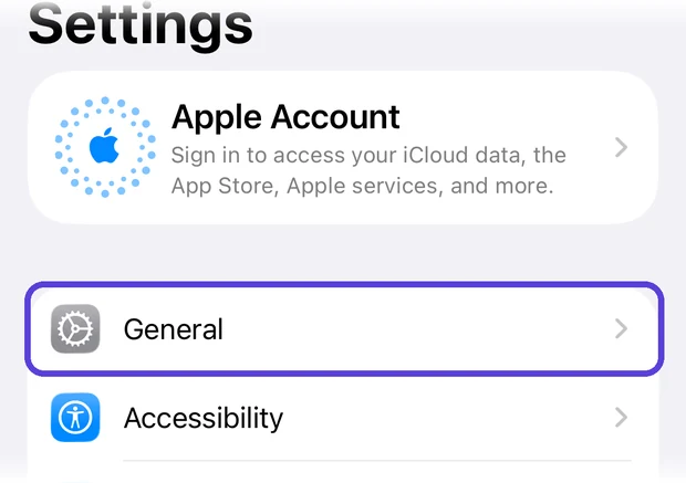 iPhone Settings with General highlighted