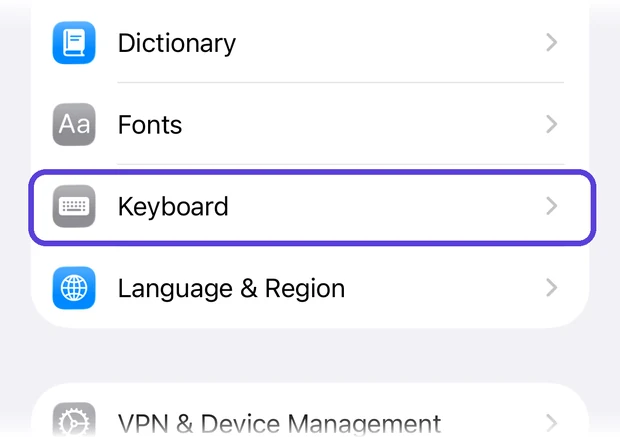 The General list with Keyboard highlighted