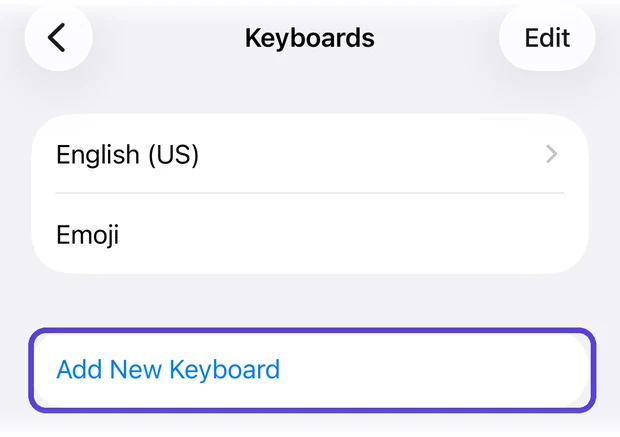 The keyboards list with Add New Keyboard highlighted
