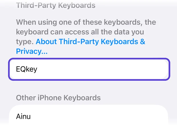 EQkey listed under Third-Party Keyboards