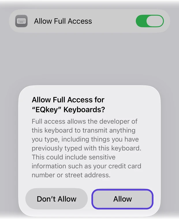 The Allow Full Access toggle with the iOS confirmation dialog
