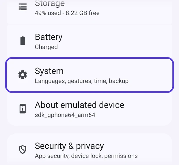 Android Settings with System highlighted
