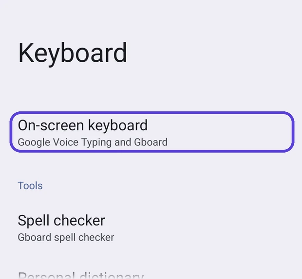 The Keyboard settings screen with On-screen keyboard highlighted