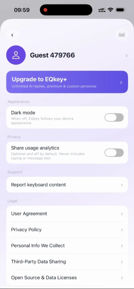 The EQkey account screen